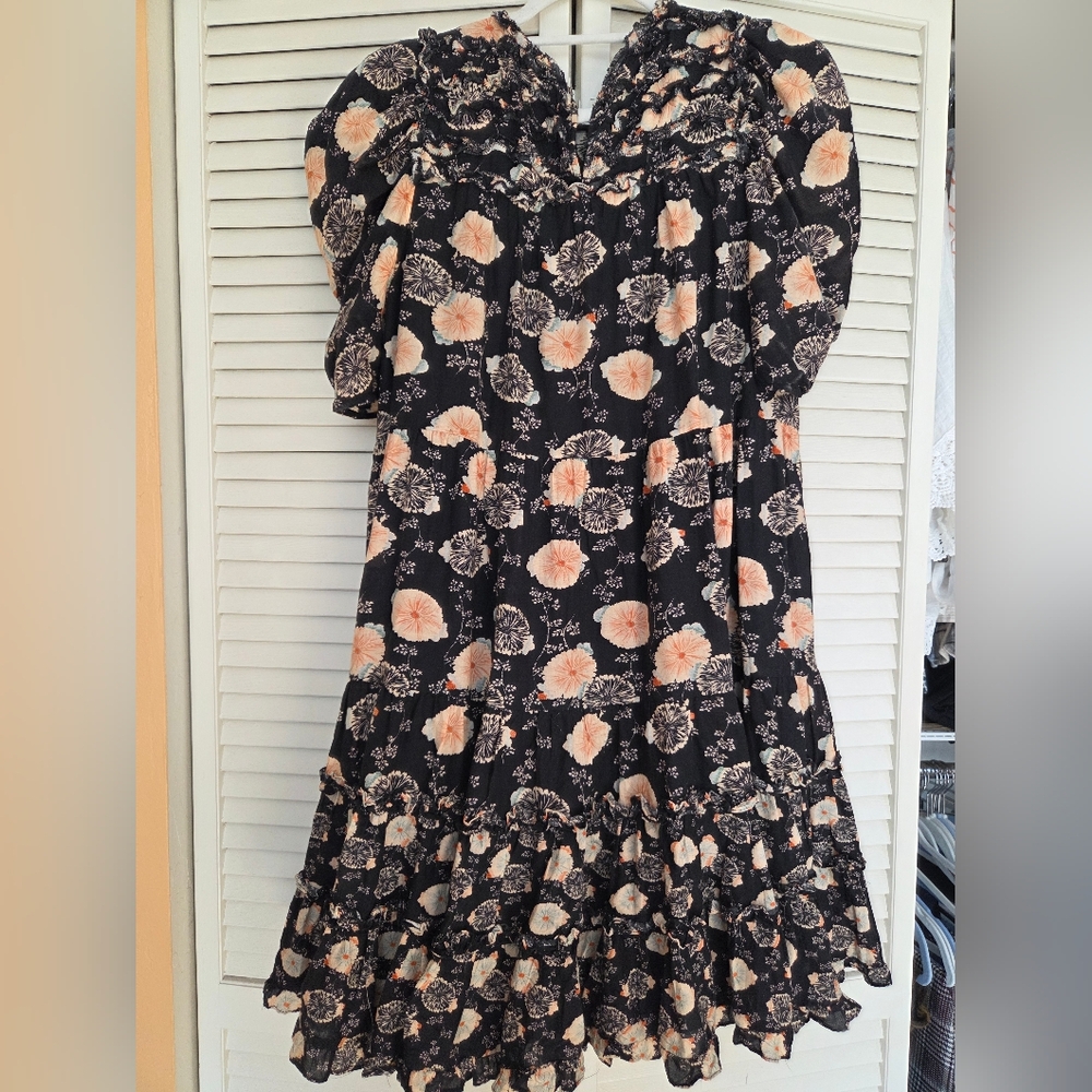 Ulla Johnson Black Floral Blouse with Peach Accents